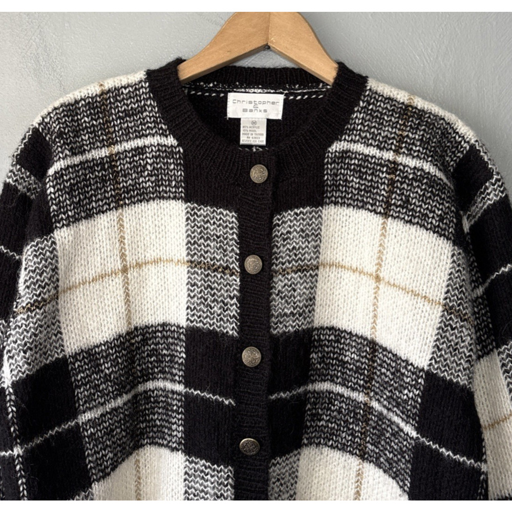 Vintage Boxy Plaid Sweater Size Medium Wool Cardigan Preppy Old Money Academia - Picture 3 of 8